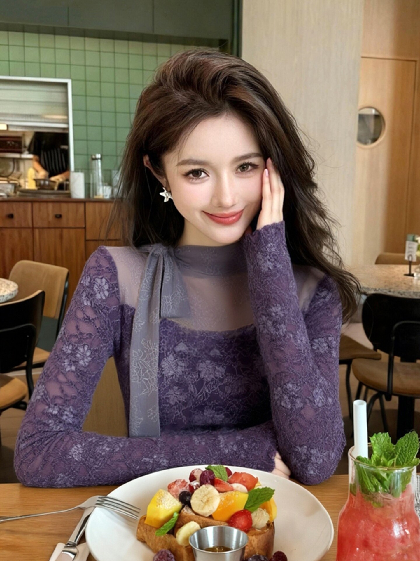 Turtleneck Knit 90S - T-shirt gothique violet pour femme, style